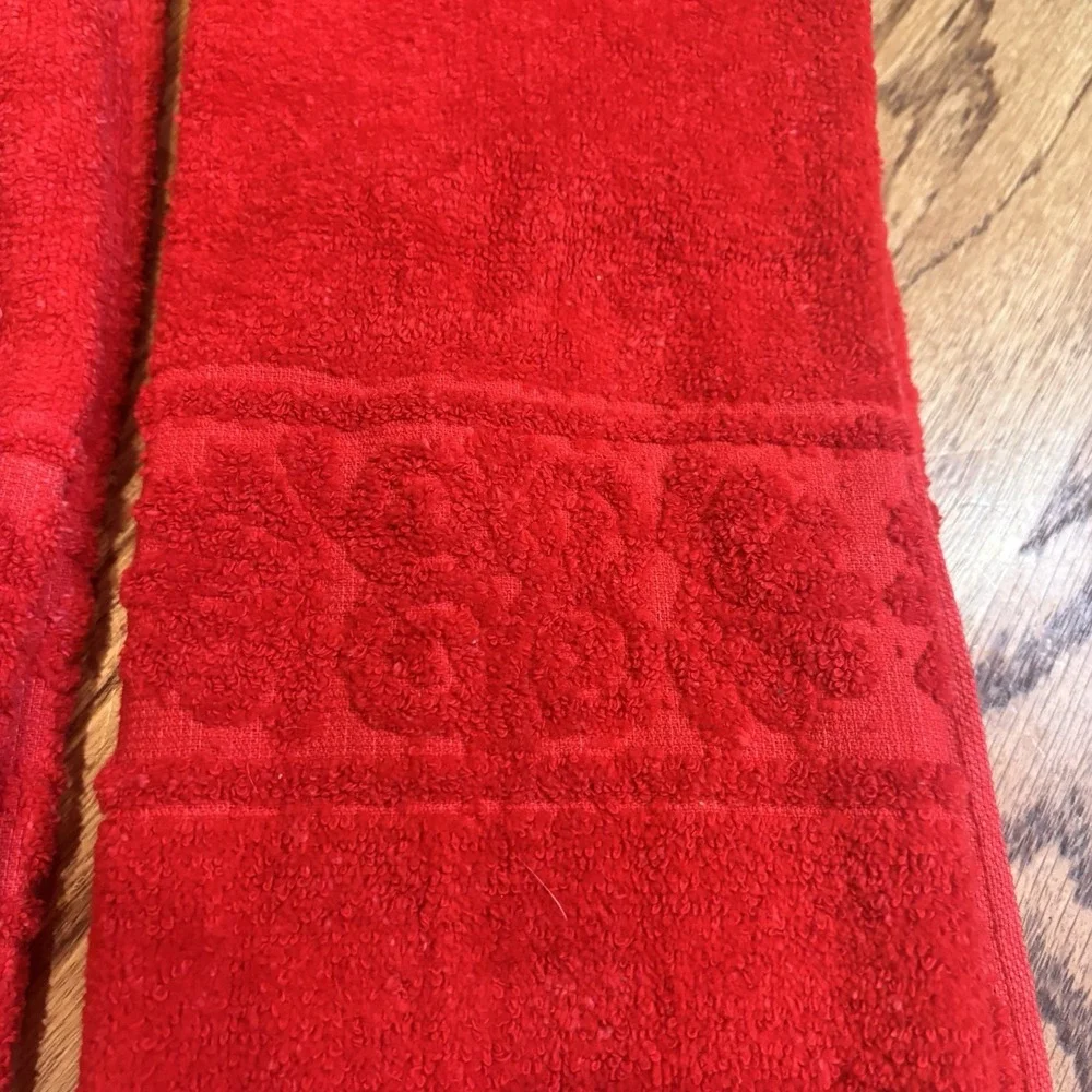 Vintage Cannon Red Hand Towels Set of 2 Fringe Floral Cotton Blend Made in USA